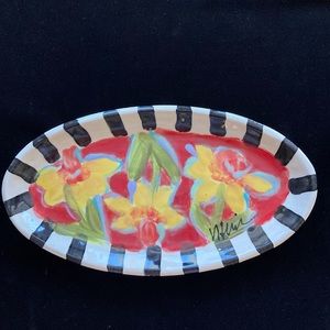 Handmade Daffodils on Scarlet Tray Ceramic 10.5”x6” Original
